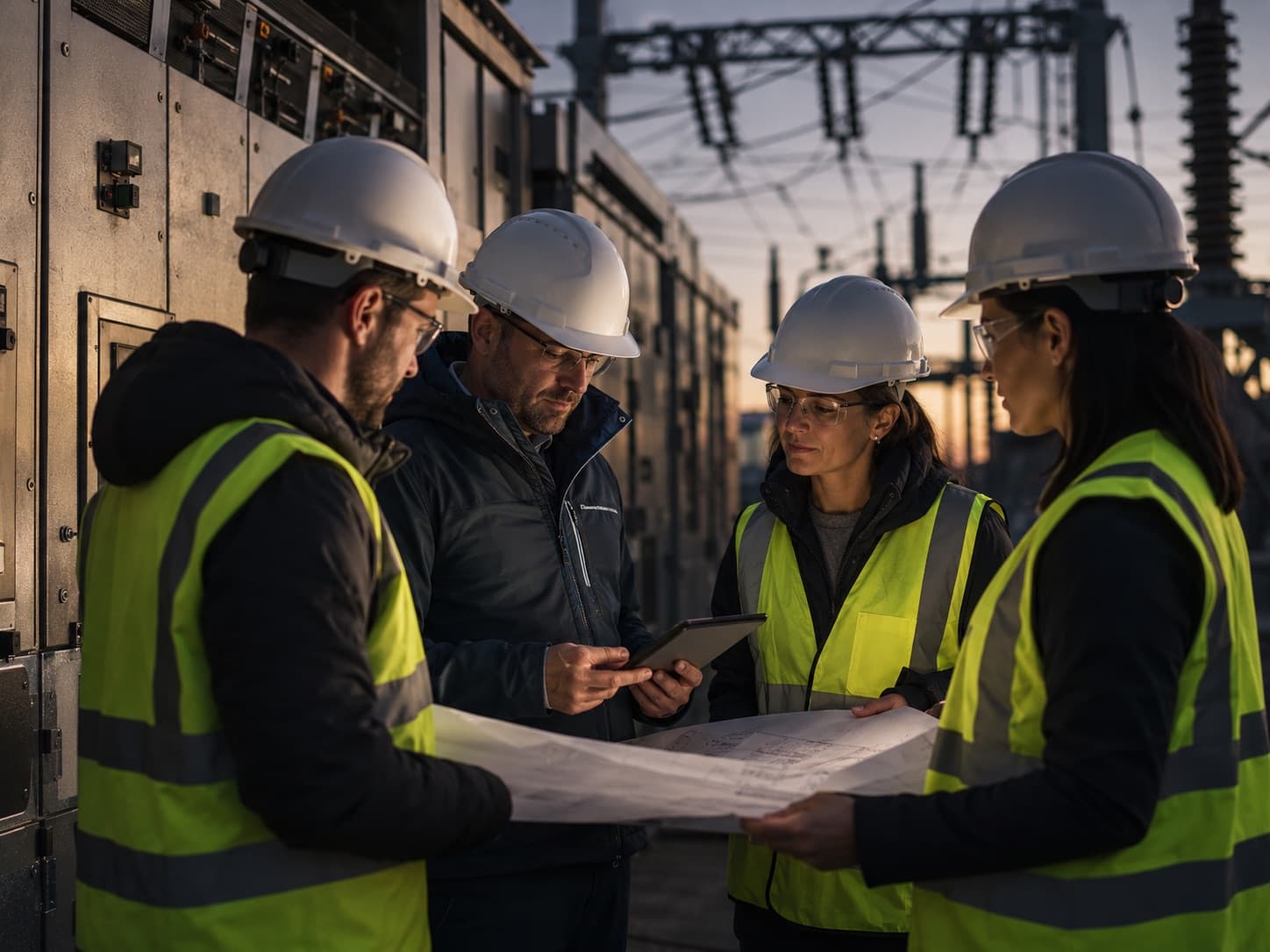 A multidisciplinary infrastructure team reviewing technical drawings beside live electrical equipment