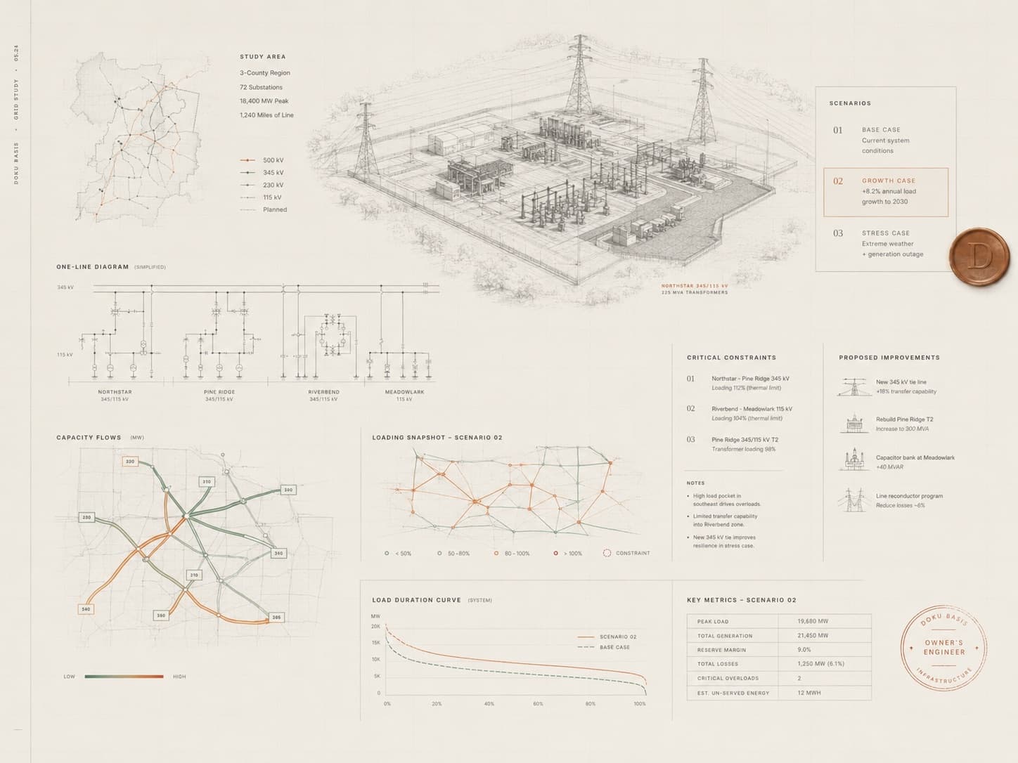 Illustrative grid study board with scenarios, loading constraints, capacity flows, and proposed improvements