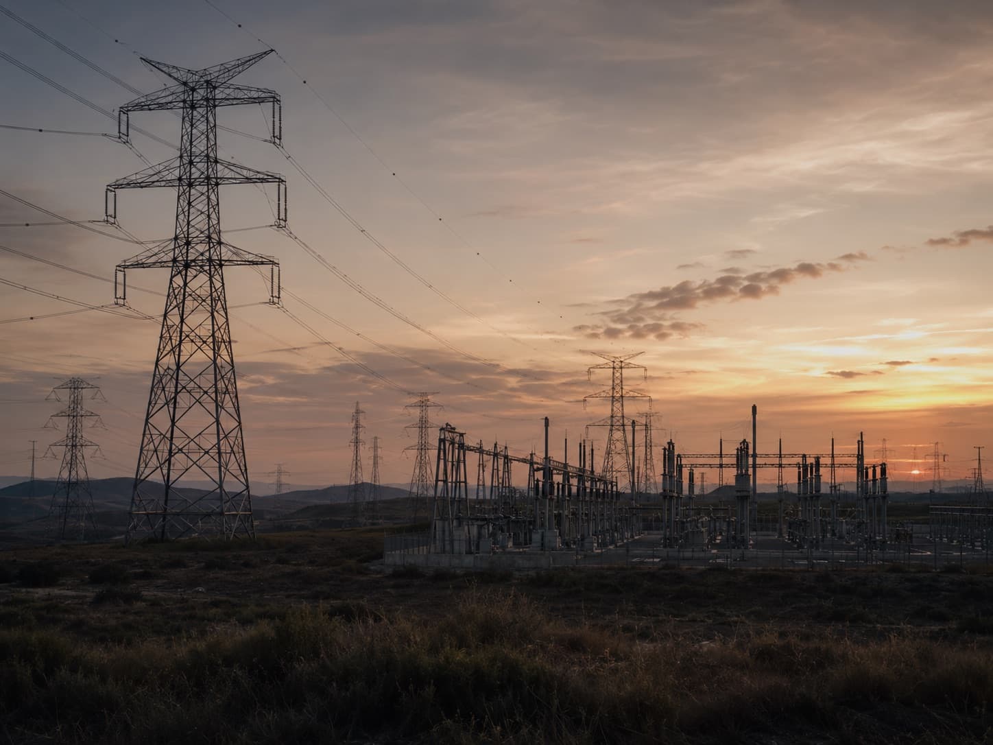 Transmission lines and a power substation across the landscape at sunset
