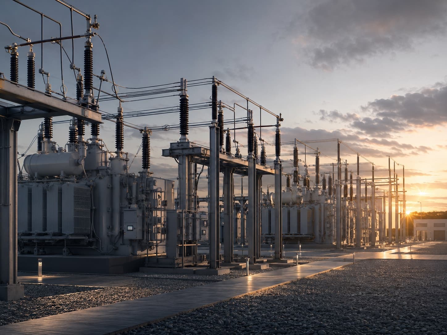 Modern high-voltage substation equipment illuminated at sunset