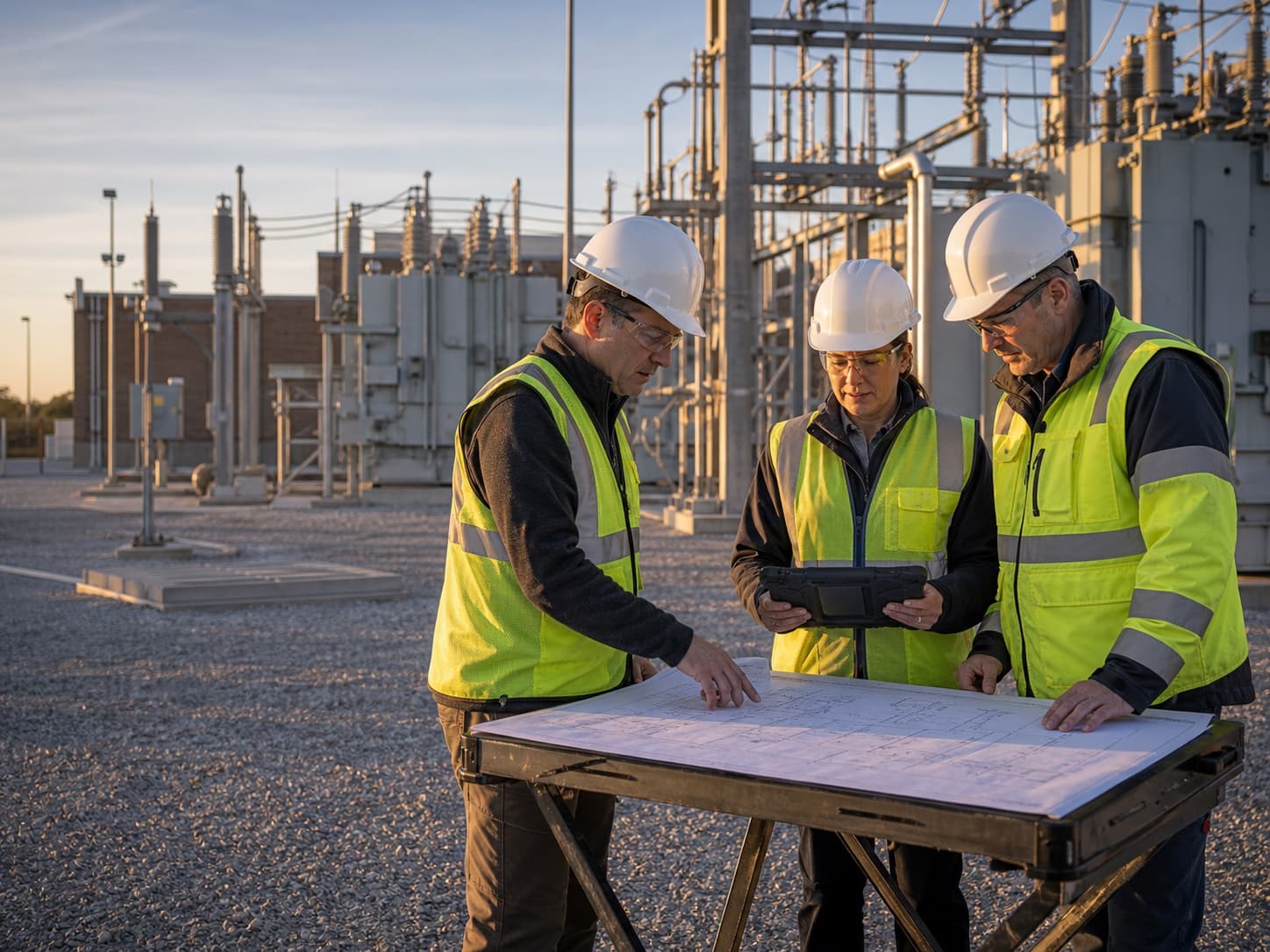 Three power infrastructure professionals reviewing a single-line drawing and tablet at a high-voltage substation